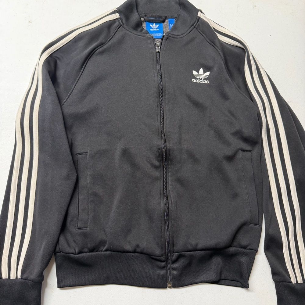 adidas Black Track Jacket with White Logo and Stripe Accents